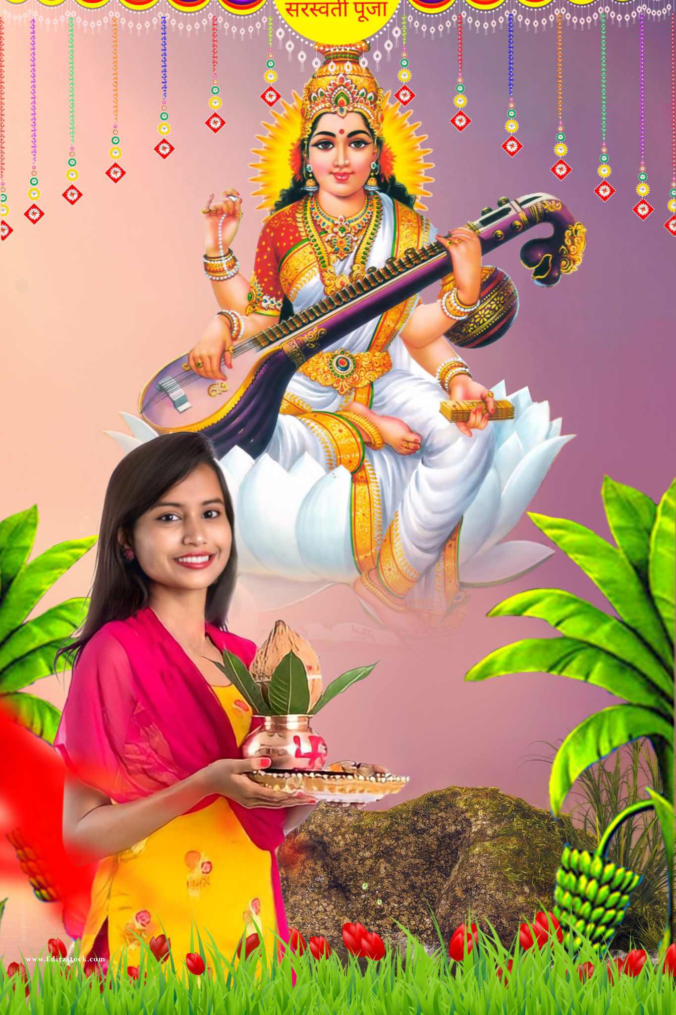 Saraswati puja editing background 2022 with girl banner poster by Editzstock.com