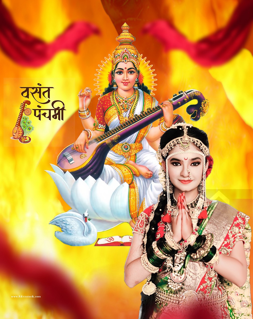 saraswati puja ke background 2022 with girl Anuskha sen full hd banner poster for cb picsart